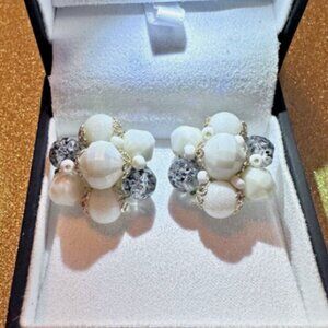 West Germany Milk Glass Bead Art Glass Bead Cluster Clip On Earrings Vintage